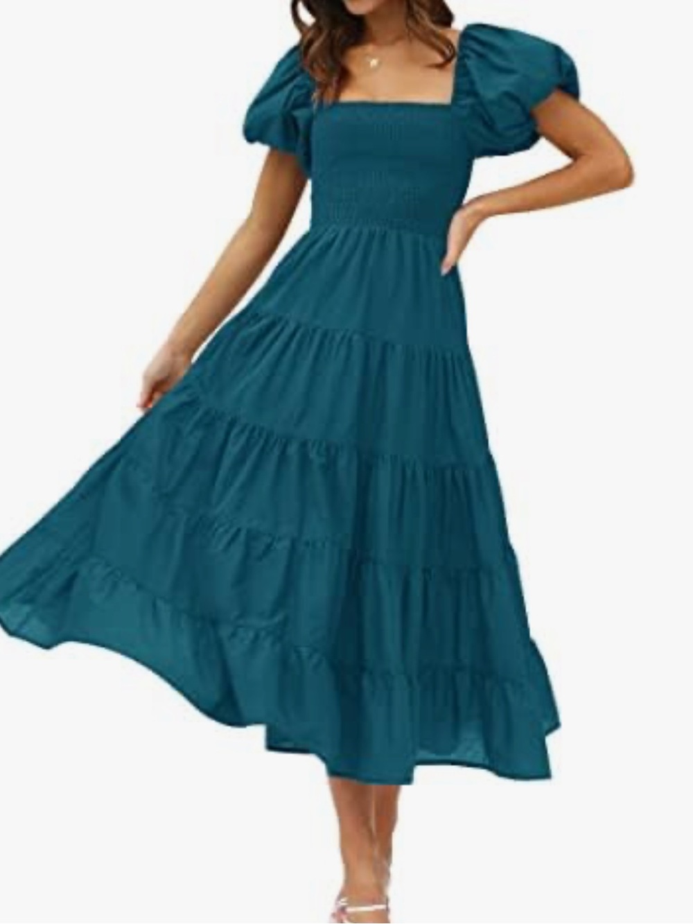 Teal Midi Smocked Square-Neck Puff Sleeve Dress